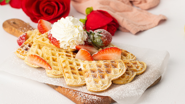 heart-shaped waffles on tray