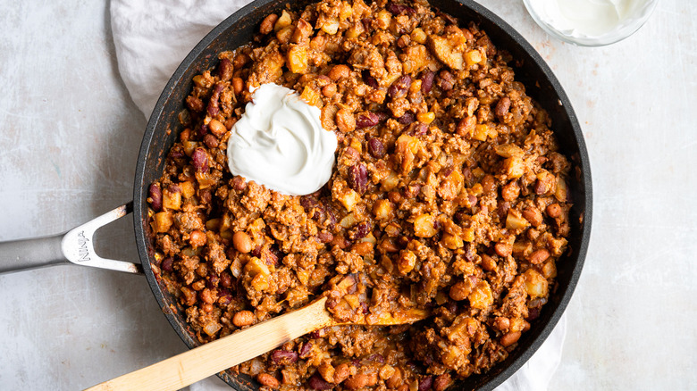 beef chili hash in skillet