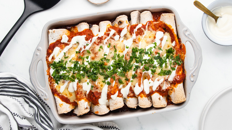 Mushrooms enchiladas in baking dish