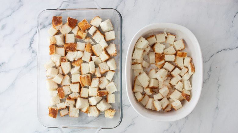 Angel food cake cubes in baking dish and in oval dish