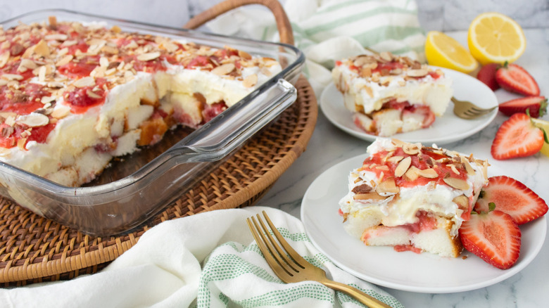 Heaven on Earth cake in baking dish next to slices on plates