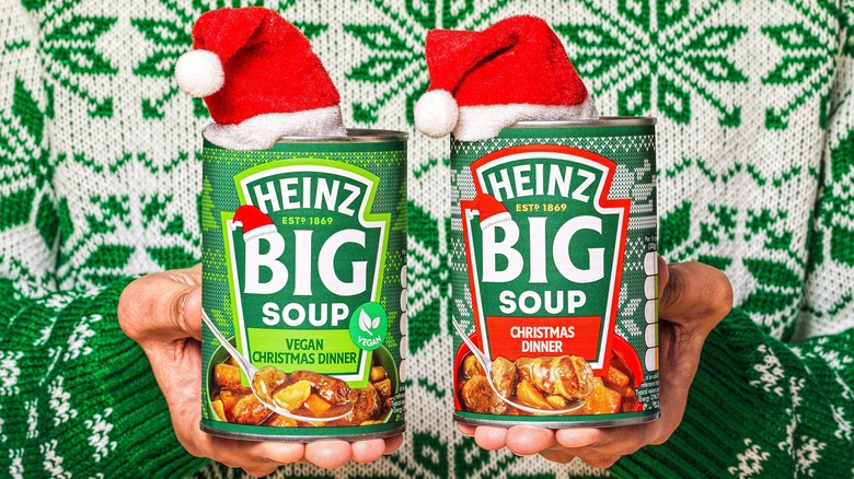 Cans of original and vegan Heinz Big Soup Christmas Dinner