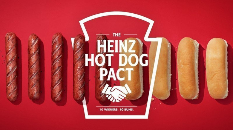 Heinz Hot Dog Pact row of hot dogs and buns against red background