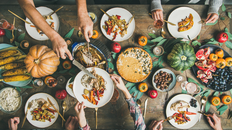 Thanksgiving feast spread out on a table