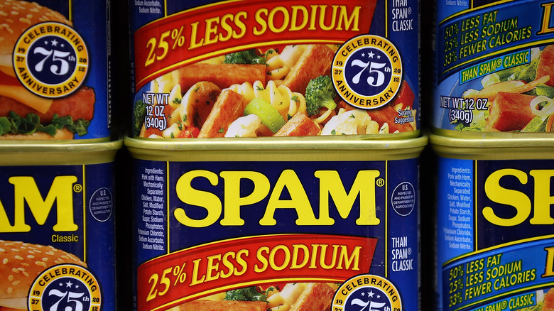 Cans of Spam on store shelf