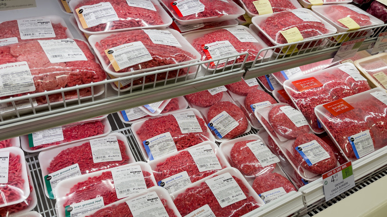 Ground beef in freezer case