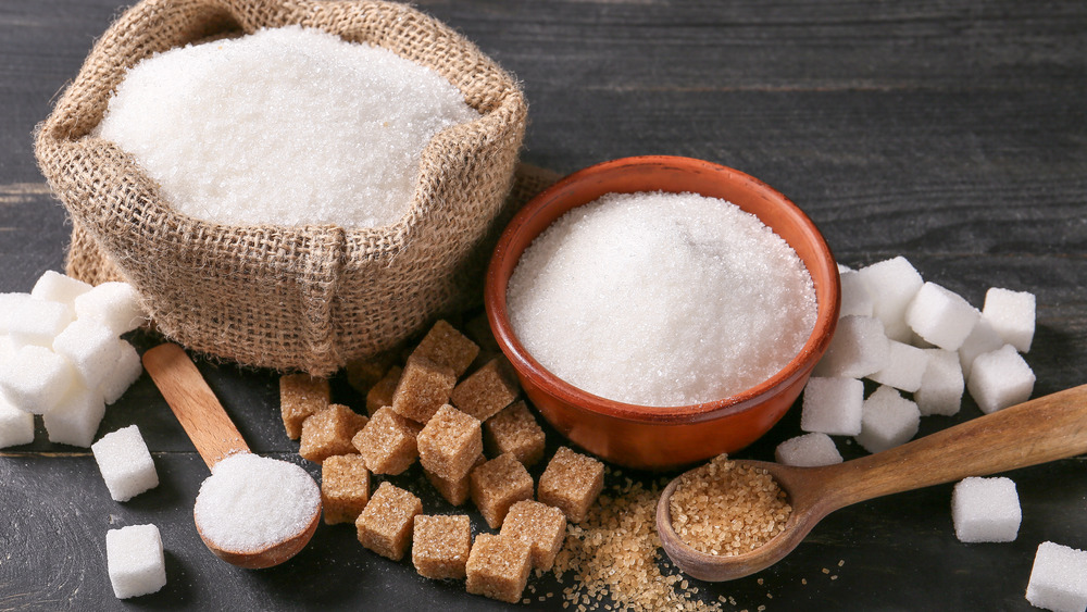 Sugar in a bowl, bag, and cubes