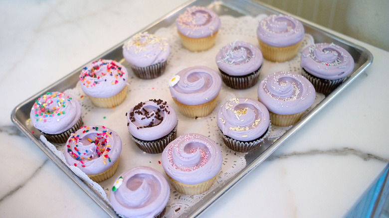 tray of Magnolia Bakery cupcakes