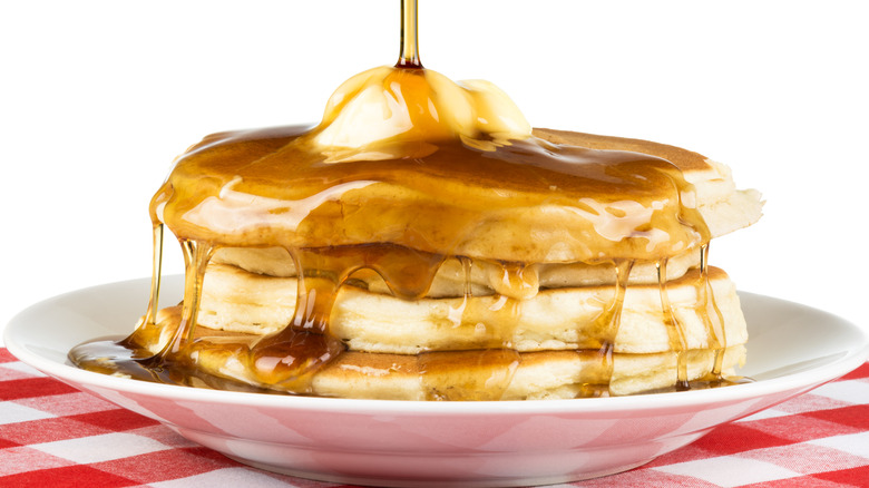 pancake syrup on pancakes