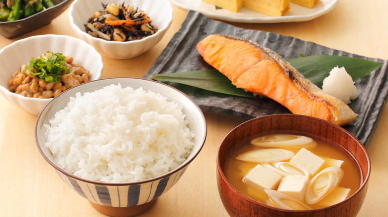 japanese breakfast with rice, fish, miso soup
