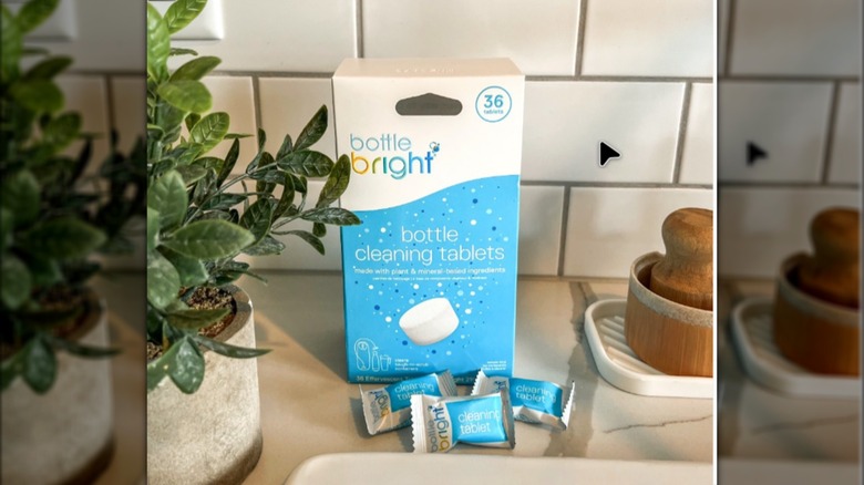 Bottle Bright tablets on the side of a sink