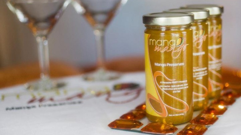 Jarred Mango Mango preserves with martini glasses