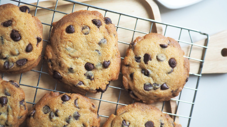 Soft chocolate chip cookies on a cooling rack