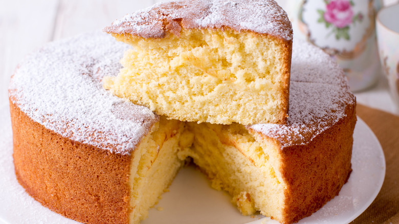 Sponge cake with a slice cut out