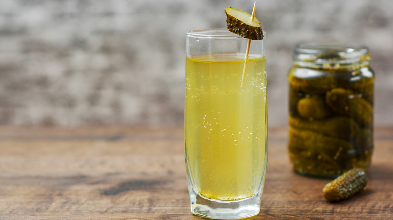 Pickle juice in a shot glass