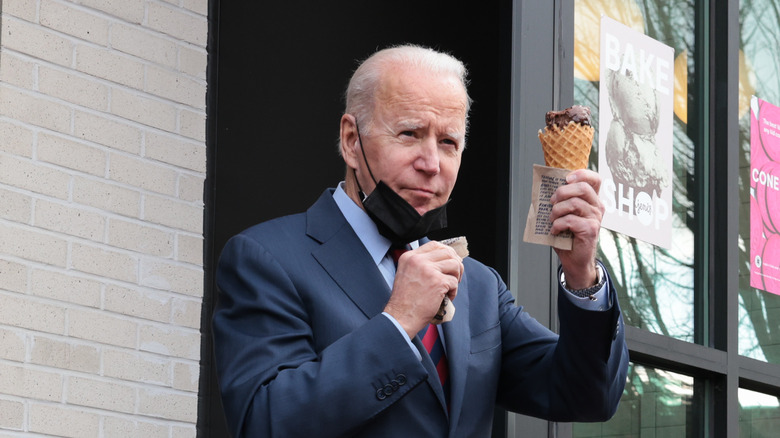 Joe Biden holding chocolate ice cream cone