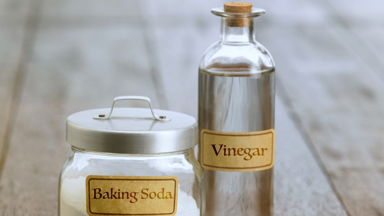 A jar of baking soda beside a bottle of vinegar