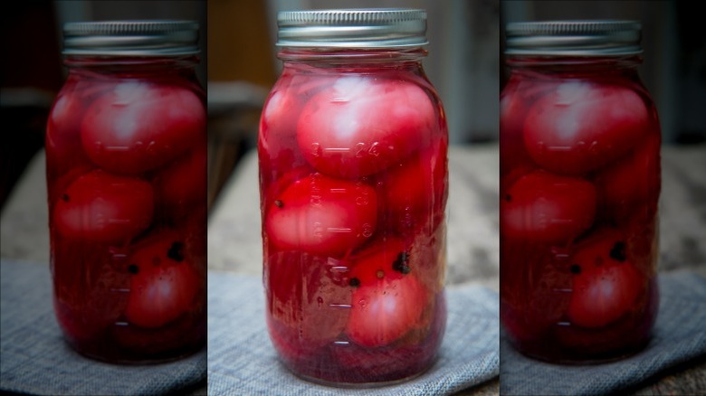 Jar of beet-pickled eggs