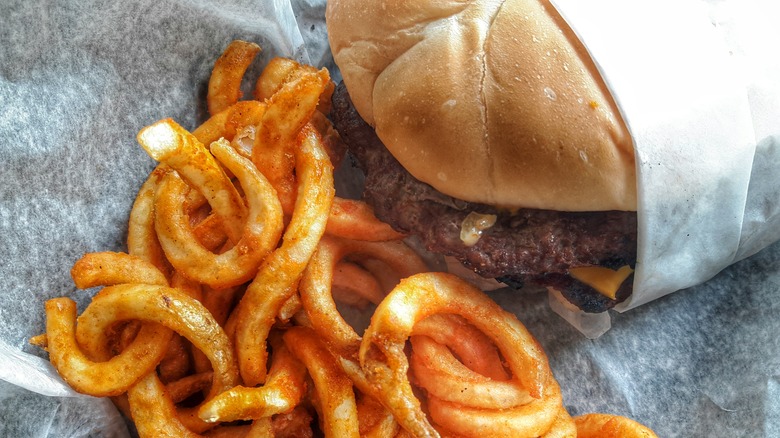 curly fries and burger