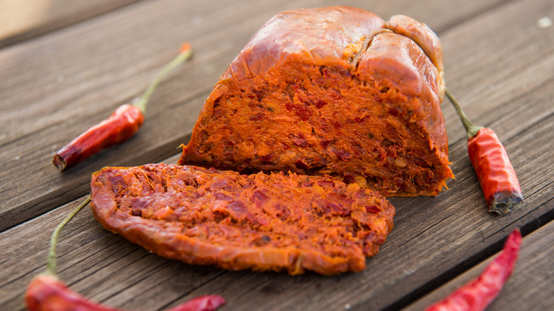 sliced 'nduja with peppers