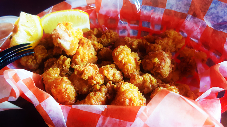 fried alligator bites in basket with lemon