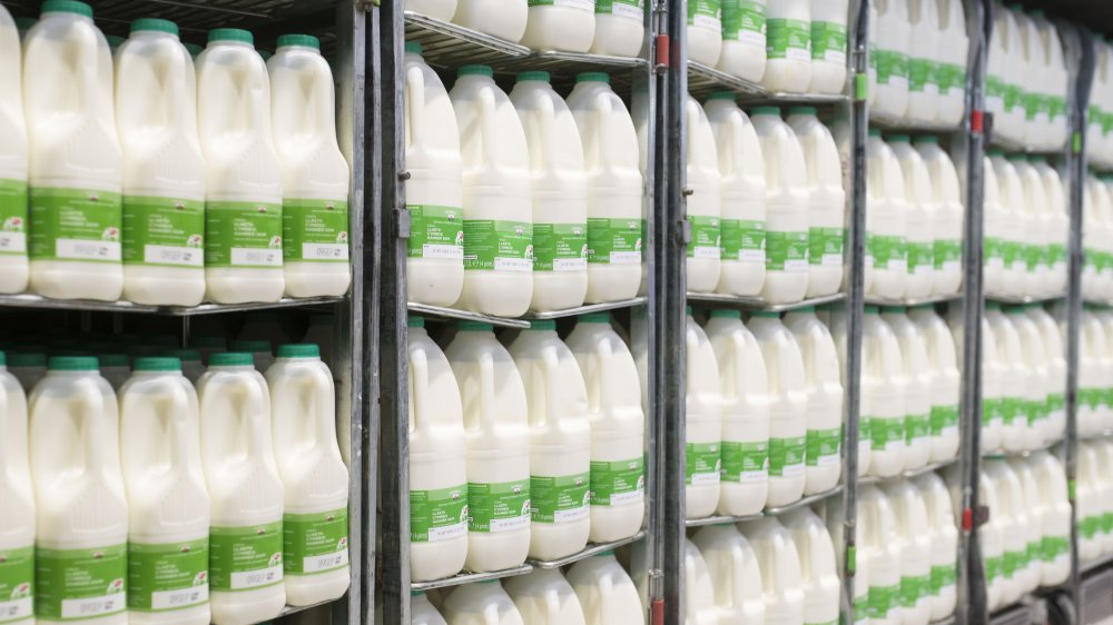 plastic bottles of milk at a grocery store