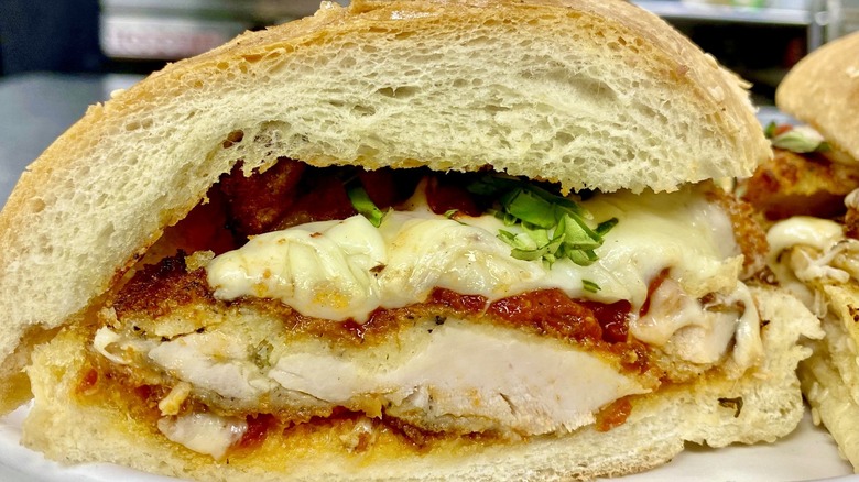 The center view of the chicken Parmesan sandwich from Sam's