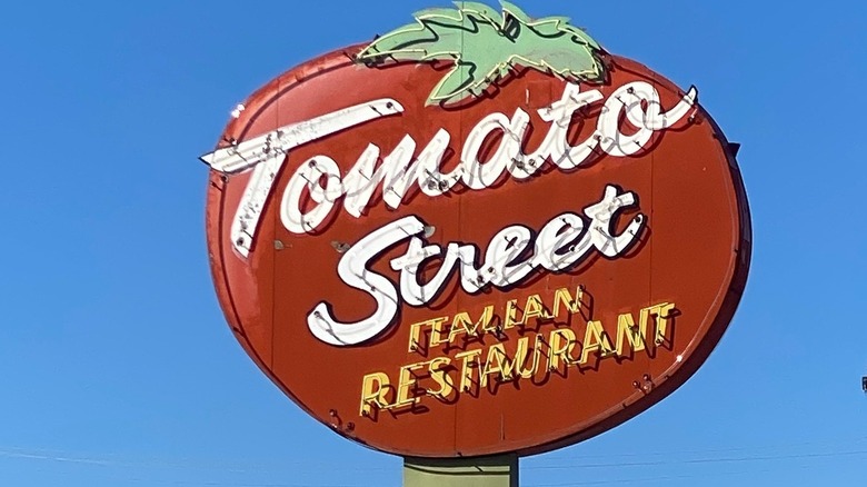 The Tomato Street sign in the shape of a tomato