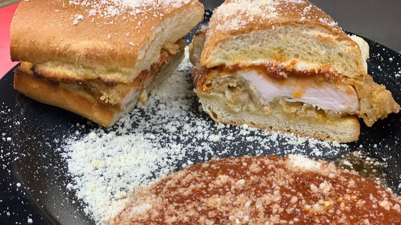 Grassi's chicken Parmesan sandwich cut in half