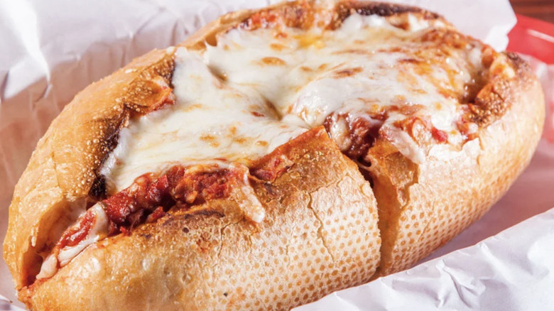 The chicken Parmesan sandwich at Tat's Deli covered in melted cheese