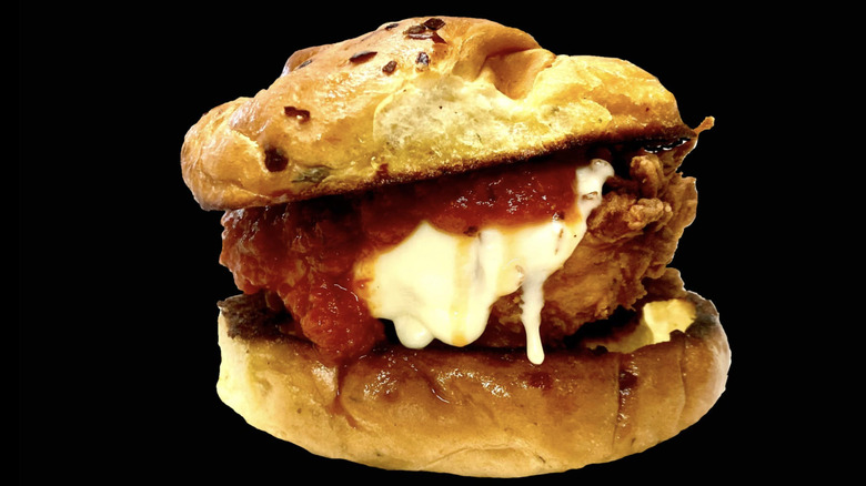 A close up view of Stadium Takeout's chicken Parmesan sandwich