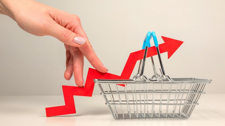 Hand positioning red arrow in mini grocery basket