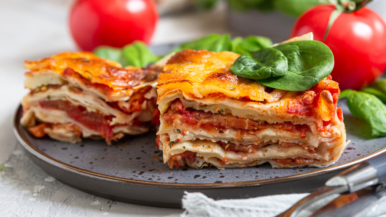 two portions of lasagna on plate