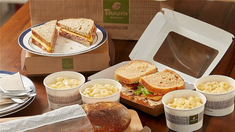 sandwiches, mac and cheese, and baguette from panera bread