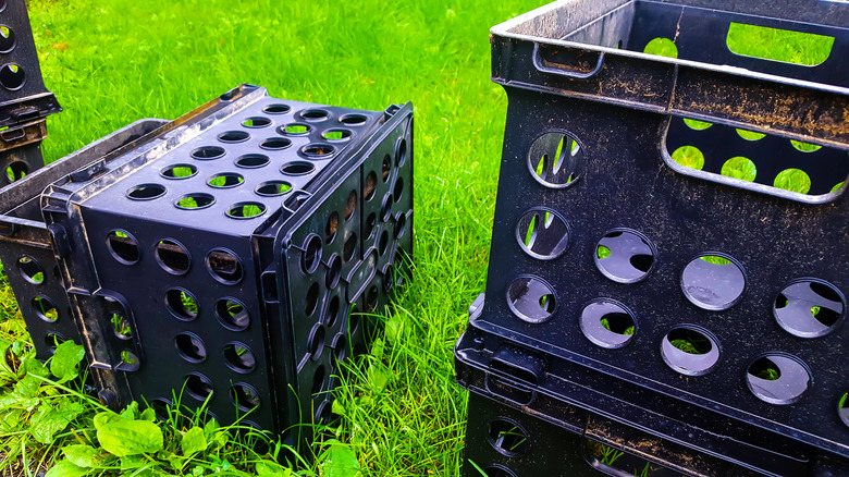 milk crates on grass