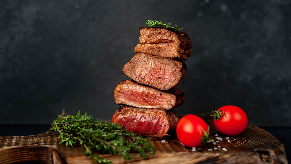 Display of steaks cooked to different degrees