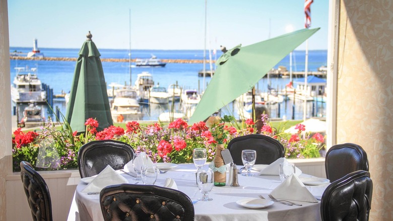 Al fresco dining area facing Lake Huron at 1852 Grill Room on Mackinac Island