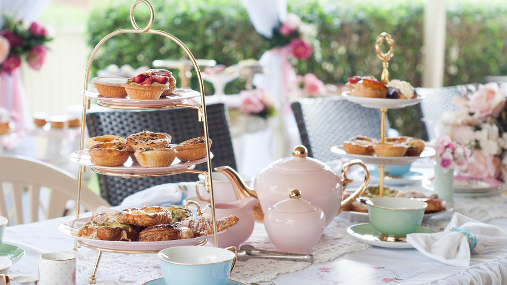 Afternoon tea setup for serving in garden