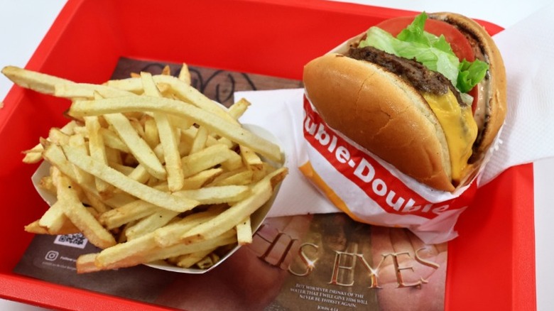 Fries and a Double-Double in red In-N-Out tray.