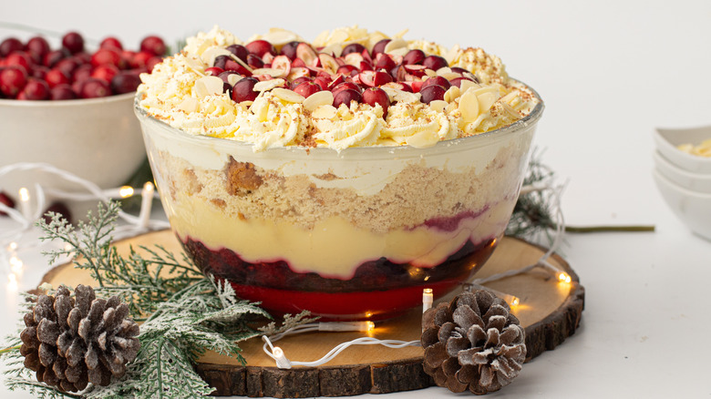 trifle, cranberries, and pine cones