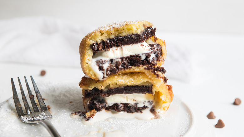 Fried Ice cream sandwiches on a white plate