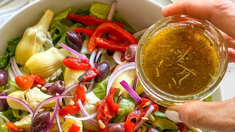 dressing and chopped vegetables