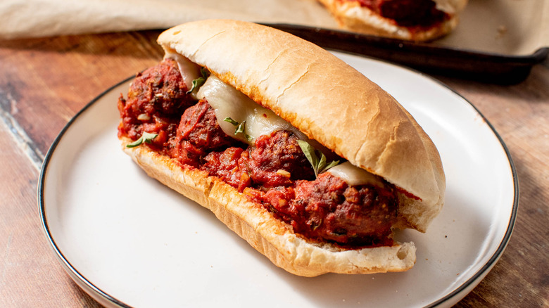 meatball sub on plate 