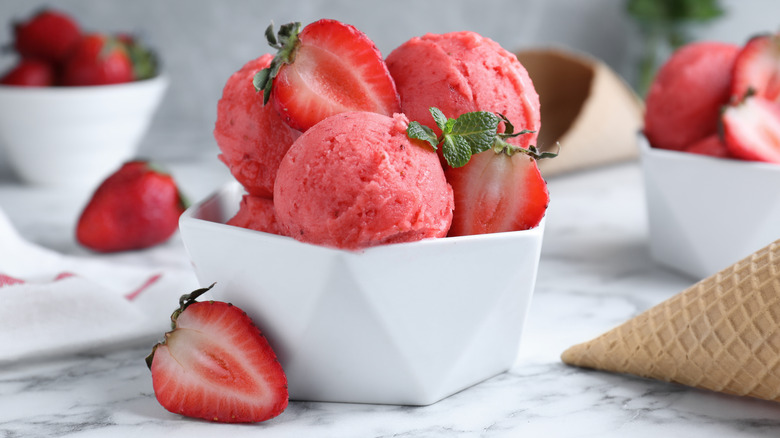 strawberry sorbet in white bowl