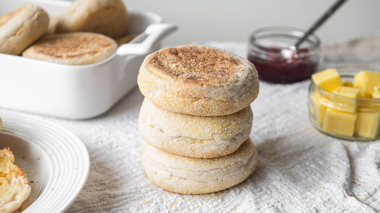 Homemade Sourdough English Muffins on a plate
