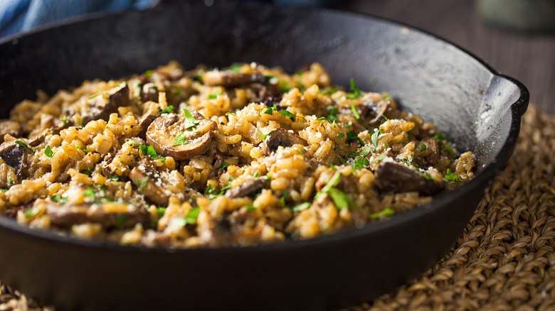 a pan of freshly made mushroom risotto