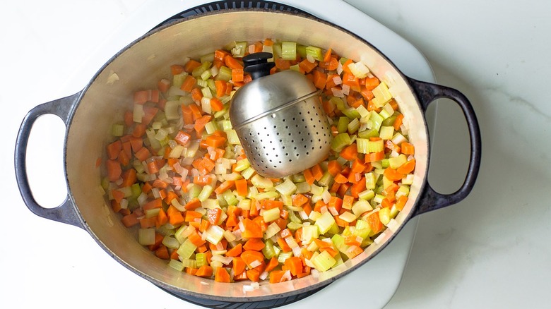 Turkey carcass soup in pot