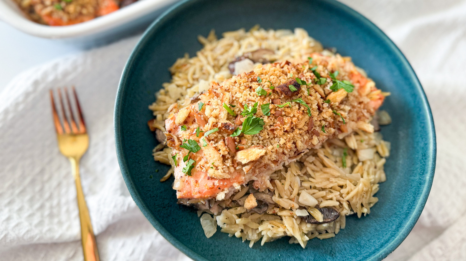 Honey Mustard Salmon And Orzo Bake Recipe
