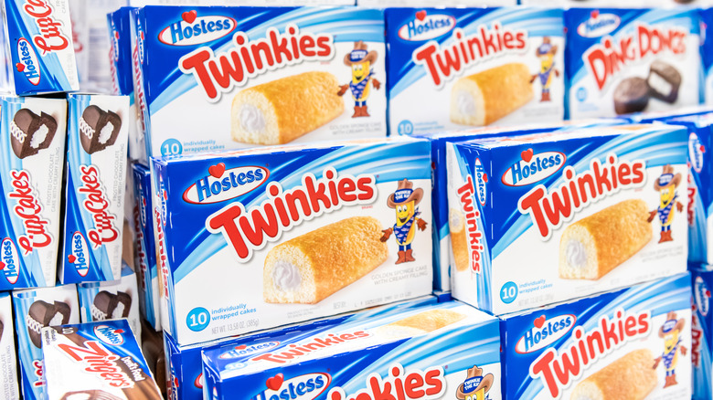 Stacked Hostess Twinkie and cake boxes