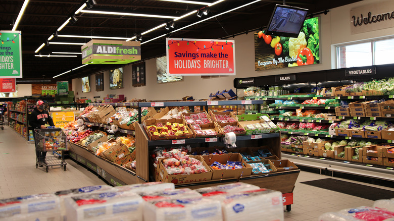 Aldi interior with holiday signs